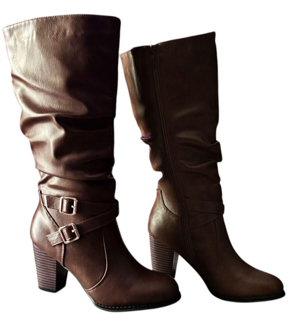 Ermonn Mid Knee Chunky 3" Heel Buckle Side Zip Slouchy Chocolate Boots 7
